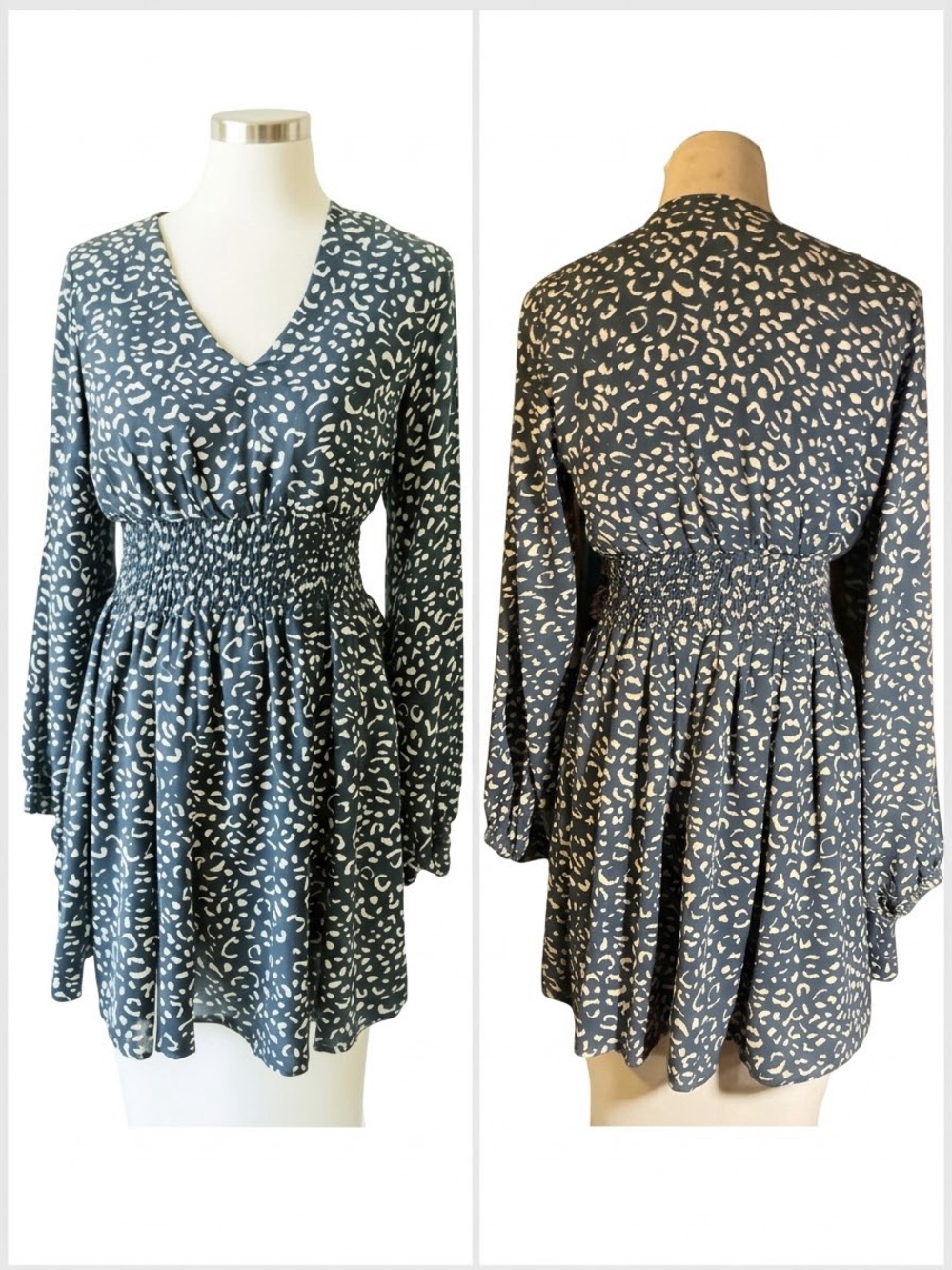 V-Neck Smocked Waist Long-Sleeve Mini Dress - Blue Print
